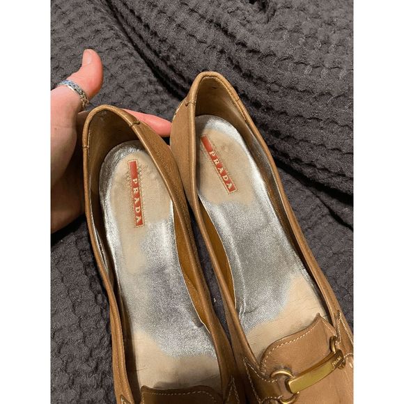 Prada Tan Leather Loafers with Gold Hardware & Kitten Heel, Size 9 - Picture 9 of 9